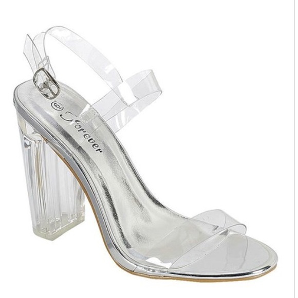 clear strappy block heels